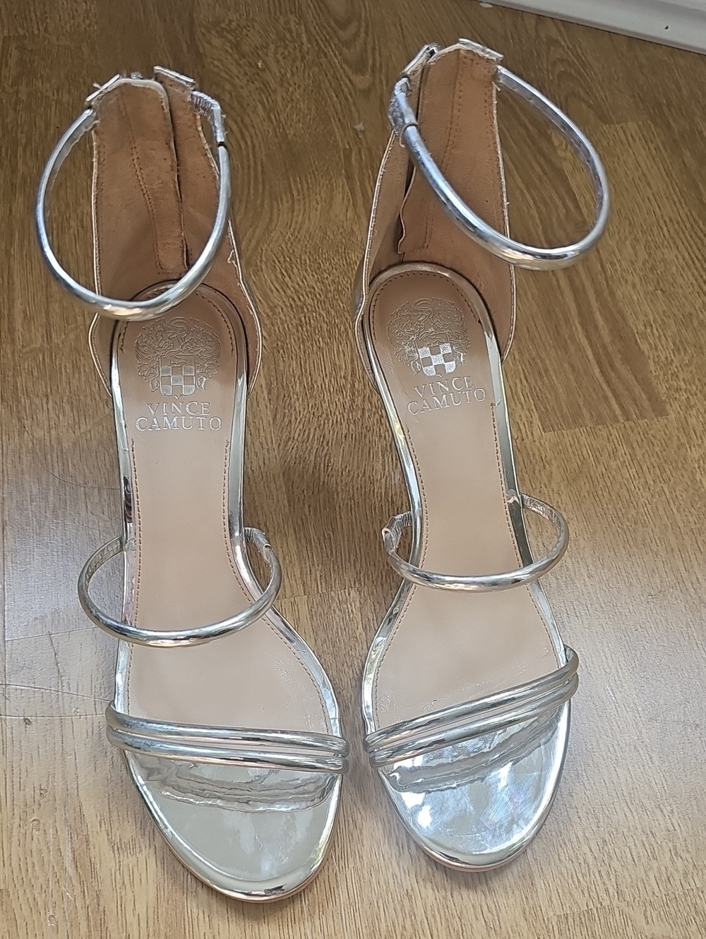 Vince Camuto Silver Metallic Strappy Ankle-Heel Sandals